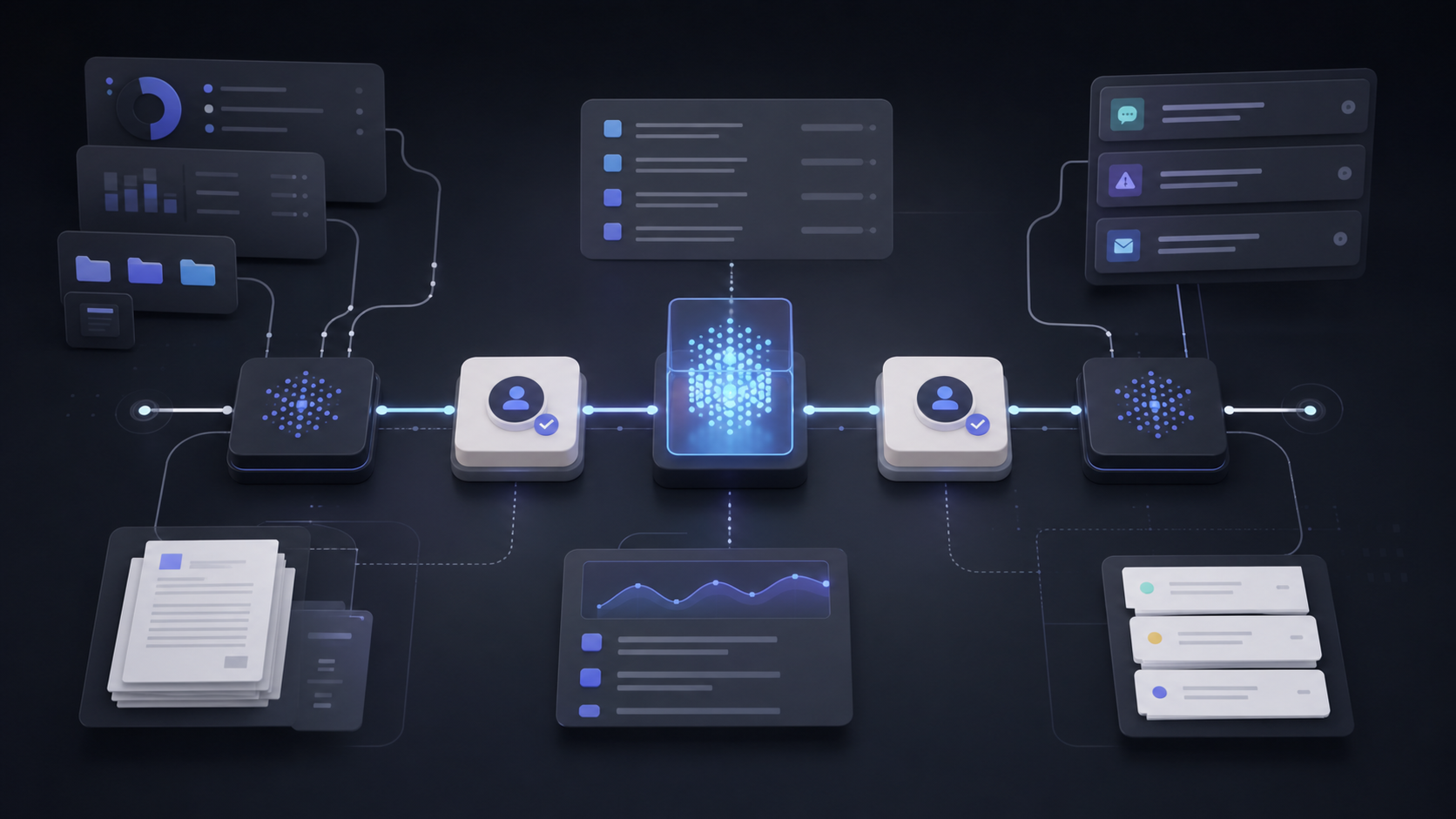 Abstract AI automation workflow with data panels, documents, support tickets, and human review checkpoints