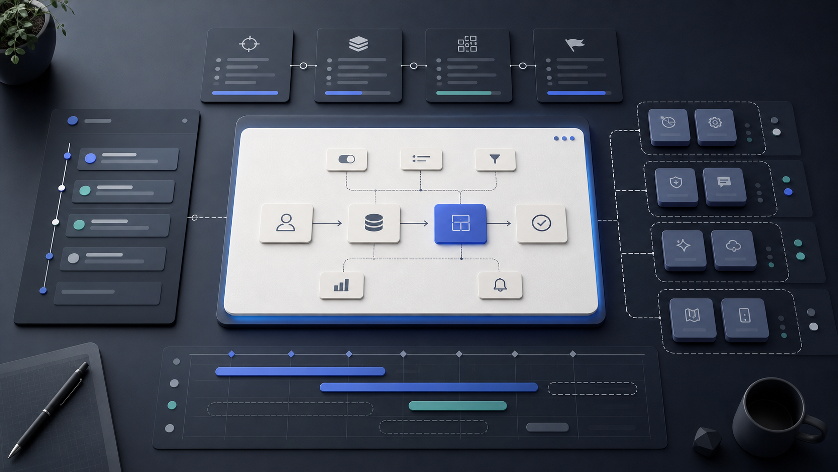 Abstract custom software scope plan with workflow blocks, roadmap lanes, and optional feature groups