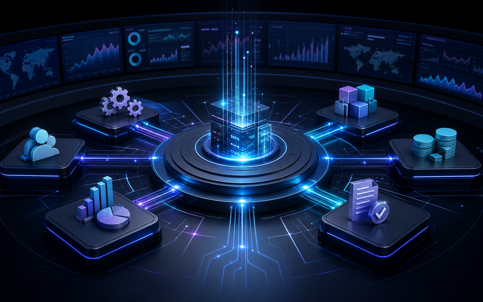 Abstract digital operations hub connecting workflows, approvals, reporting, automation, and data systems