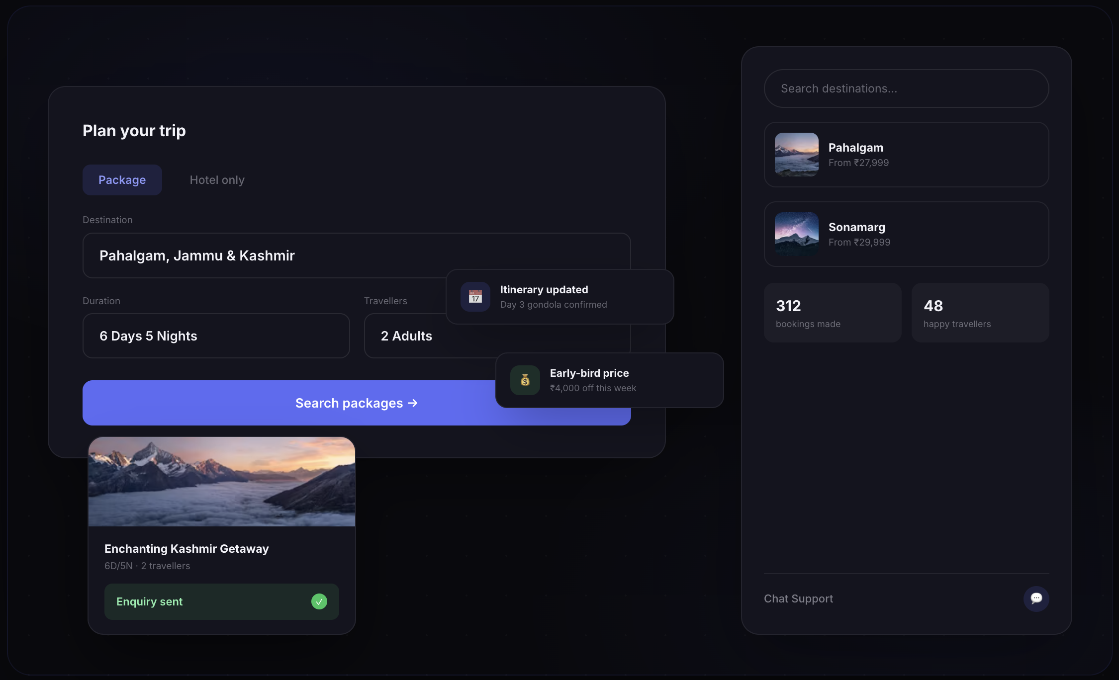 Azalia travel booking interface showing a trip planner, destination cards, and customer inquiry details