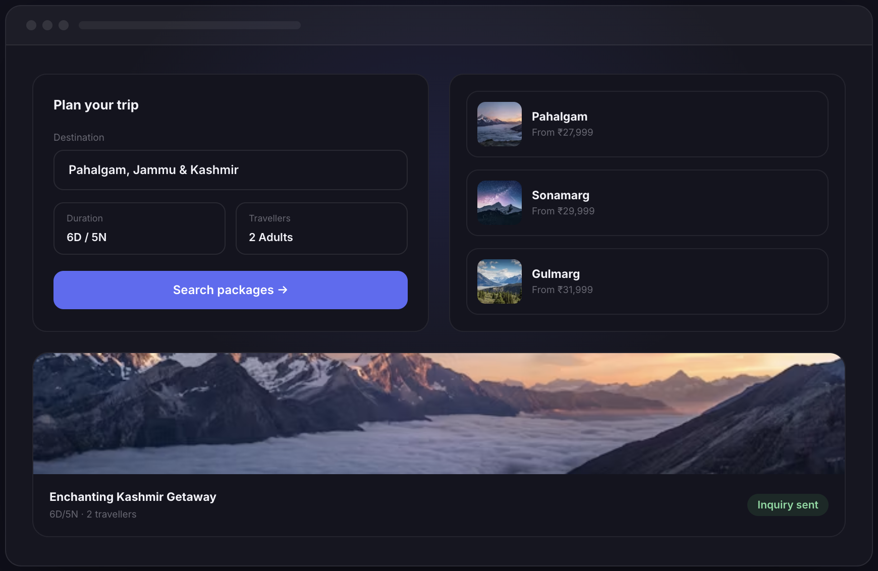 Azalia travel booking interface showing a trip planner, destination cards, and a Kashmir package inquiry