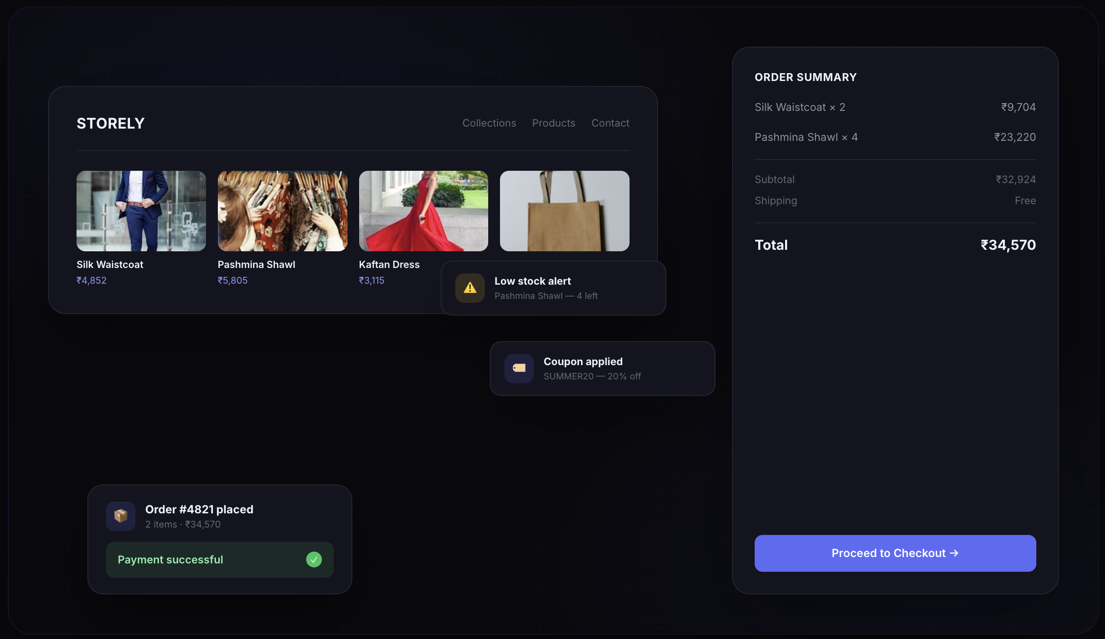 Caravan e-commerce interface showing product listings, cart, revenue, and paid order status
