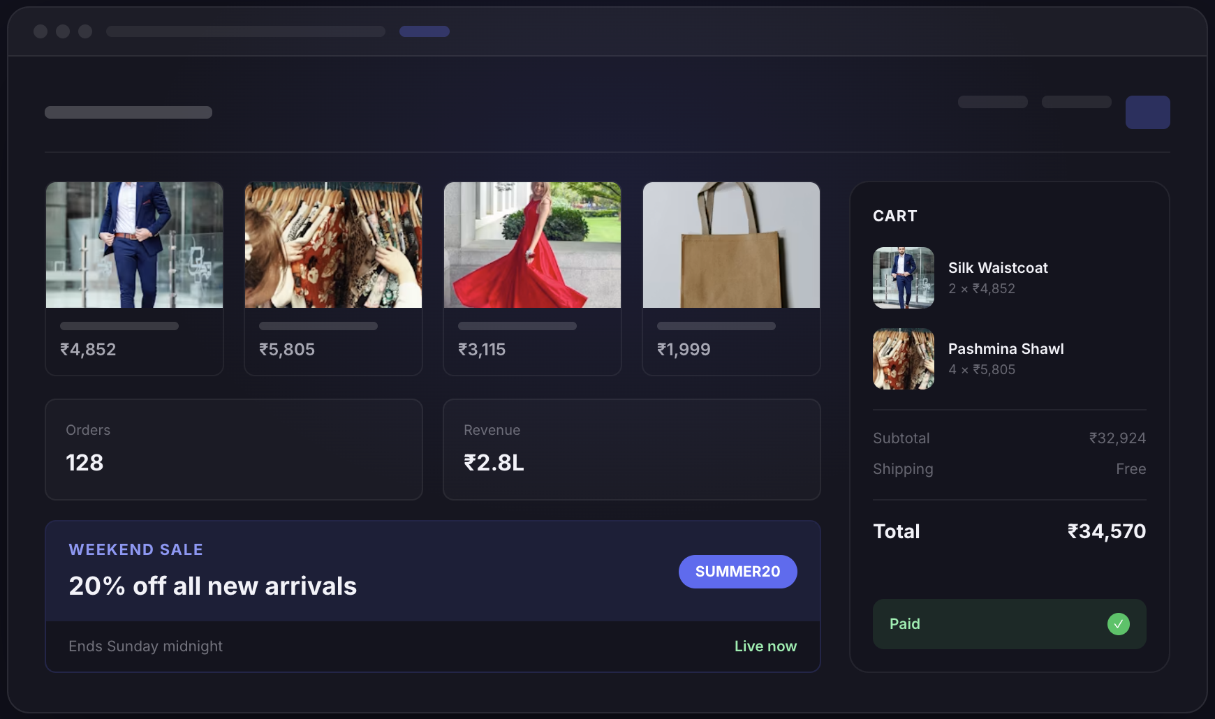 Caravan e-commerce interface showing product listings, cart, revenue, and paid order status